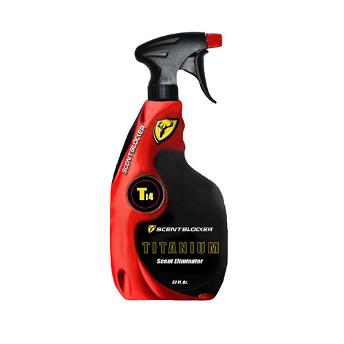 A 32-ounce spray bottle of Titanium Scent Eliminator Spray from Robinson Outdoors. It prevents the formation of human odor at the source.