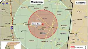 CWD 50 mile radius from CWD deer in Pontotoc County MS Graphic by Alabama DCNR