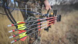 Bowhunter walking through the field